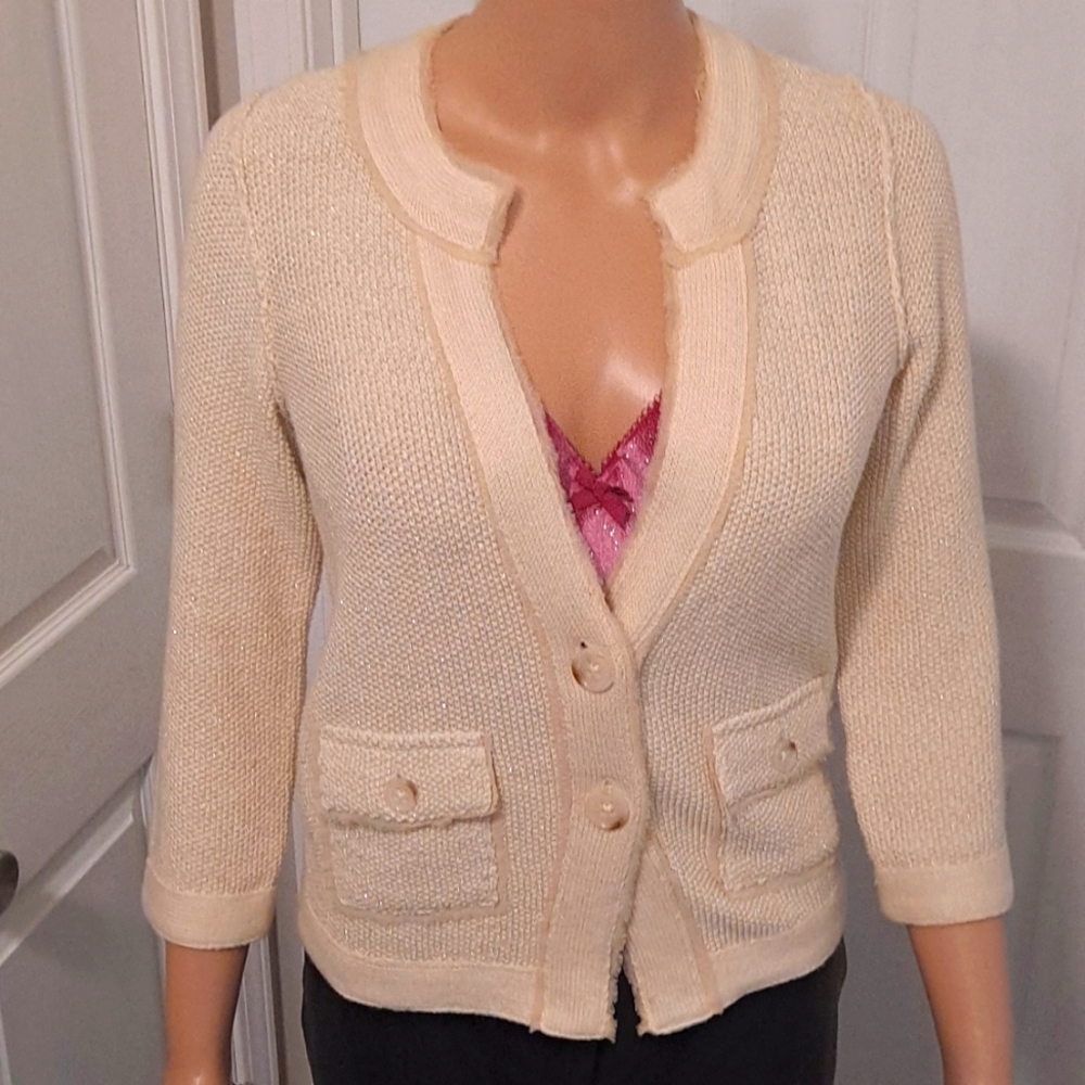 Banana Republic Cardigan Sweater Cream Color with Metallic Thread